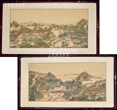 “山水风景”绢本水印画2张，大型尺寸均约650mm×360mm，其上画工精湛，图案美观，意境古朴；相框装帧，保存甚佳，敬请预览