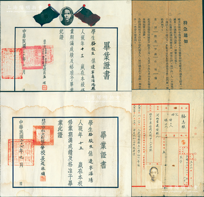 民国老北京毕业证书等共4件，详分：①1936年“北平市自治第六区区立普渡寺简易小学”毕业证书、1938年“北京市私立树德小学”毕业证书各1张，均发给骆泽民之子骆俊生；②1943年骆志骧氏之学历登记表1份；③北京内一区第一分区第一坊之空袭管制“特急通知”1份；源於著名钱币收藏家骆泽民家族之遗存，保存较佳，敬请预览