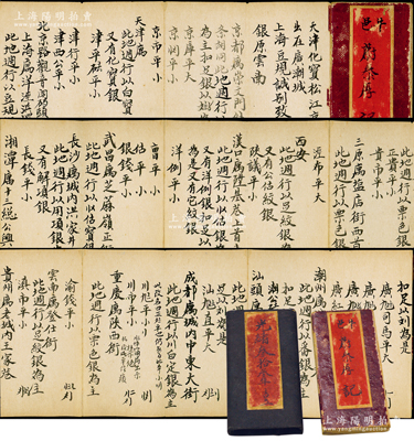 光绪三十三年（1907年）山西第二大票号“蔚泰厚”小摺1册，属牛邑（即牛庄）分号专用，内中详录蔚泰厚在京都、天津、上海、潮州、汕头、成都、重庆、云南、贵州、西安、汉口等地各分号地址、各埠银两平色、会票写法及暗记识别等，内容极为精彩，实为研究山西票号之难得精品和宝贵素材；胡俊良先生藏品，保存较佳，敬请预览