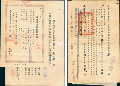 光绪三十年（1904年）老上海“道契”一张，由“大清钦命监督江南海关分巡苏松太兵备道瑞”颁发，经大英总领事馆照会及租界地政局登记等；至1922年后，此契全地永租给“上海女子储蓄银行”，且附1943年“敌产处分解除证明书”和“信交地产株式会社权柄单”各1份；上海女子储蓄银行，时为中国唯一之女子银行，著名的徐志摩前妻张幼仪曾任该行副经理；罕见且颇具历史意义，保存甚佳，敬请预览