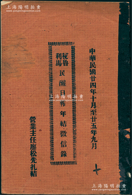 民国廿四年十月至廿五年九月（1935至1936年）秘鲁利马《民醒日报年结征信录》1册，厚58页，内中涉及股份、收入、支出等各项明细；该报属同盟会言论机关报，创办于宣统三年二月十日，历史意义厚重；保存较佳，敬请预览