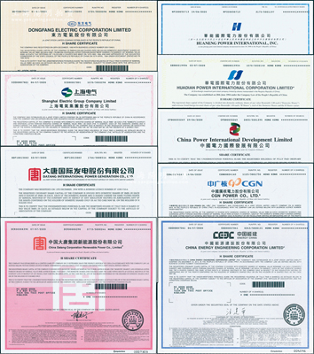 2020年香港上市之中国著名电力企业股票9种，详分：华能国际电力、华电国际电力、中国电力国际发展、中国广核电力、中国能源建设、东方电气、上海电气、大唐国际发电、中国大唐集团新能源股份有限公司，面额均为1股，内有水印，九八成新