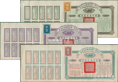 民国十年（1921年）交通部八厘短期购车公债券国币壹百圆、壹千圆、壹万圆共3种全套，由交通总长张志谭（晚清名流张佩纶侄子、张爱玲堂叔）签发，且上印22家经募银行团名称，均附带完整息票，诚属中国债券之经典名品，九成新，敬请预览和珍视