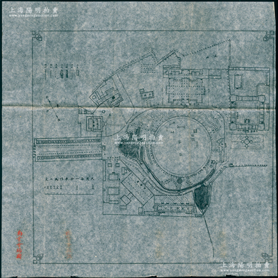 清代（1905年）“天津劝业会场图”1张，大尺寸约400×400mm，其上所印图案极为清晰；光绪三十一年，北洋大臣袁世凯创办天津劝业会，最早系统陈列工业工艺产品，堪称中国世博会之发轫，历史意义最大；保存甚佳，敬请预览