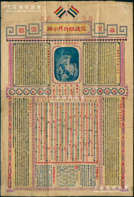 民国三年（1914年）交通银行大型月份牌一张，上印袁世凯戎装像及《大总统整理财政之命令》、《大总统整顿内政之命令》、《大总统注重教育之命令》、《大总统尊崇孔圣之命令》等，另有交通、新华储蓄银行广告等；保存较佳，背面边侧有小贴补，敬请预览和重视