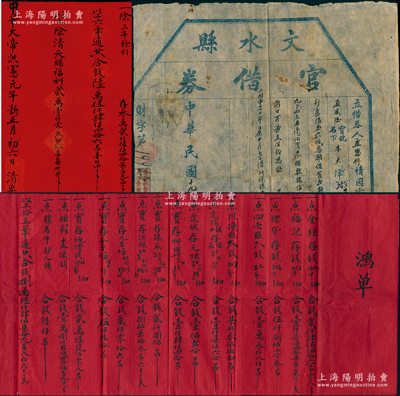 山西省老股票等实物共2件，详分：①中华大帝洪宪元年（1916年）山西怀仁·恒丰玉记“鸿单”，此鸿单即为年底分红结算单，此袁氏称帝之洪宪时代实物非常难得；②1930年“文水县官借券”，由孟懋修氏借到现银元大洋25元，按月2分5厘行息，以6个月为限，此借券可视同为私人债券之文书，亦为研究乡村借贷制度之历史实物；七至八成新