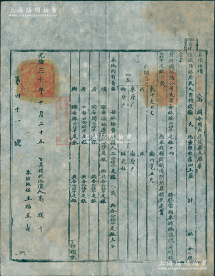 光绪三十年（1904年）中国铁路总公司“正太铁路”具领地价状，超大尺寸，分别发给井陉县高润氏，事因“正定至太原奉旨建造铁路，佔用民人自种钱粮民地，蒙督办铁路大臣规定，每亩按公砝平足银十两给发”，内中开列四至等项，盖有官印及“此係中国铁路总公司产业，不得租抵或转售别人”戳记；此乃清末修建铁路之历史文献，可与正太铁路债券相映成趣，可适用于研究和展览；少见且保存甚佳，敬请预览