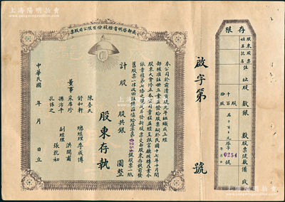 民国年（1928-）成都启明电灯股份有限公司股票，未填用，附带存根；该公司成立于清宣统元年，乃西南民族工业之先驱，也是四川电力工业史上的第一家公用电力企业；少见，八五成新