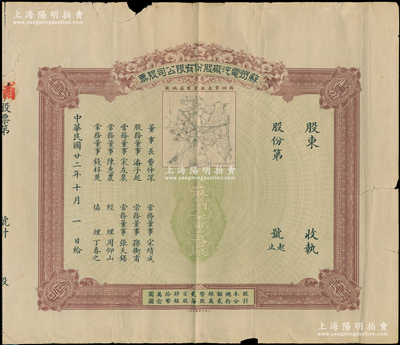 民国廿二年（1933年）苏州电汽厂股份有限公司股票，未填用发行，上印该厂营业区域图颇为精致，票上董事长费仲深乃苏州著名绅商（即晚清名臣吴大澄女婿、诗人柳亚子表舅费树蔚氏），而常务董事孙衡甫乃四明银行董事长兼总经理；少见，七成新