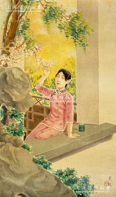 民国时期南洋烟草公司广告画1张，尺寸370×638mm，上印美女赏花图，图案美观，保存较佳，敬请预览