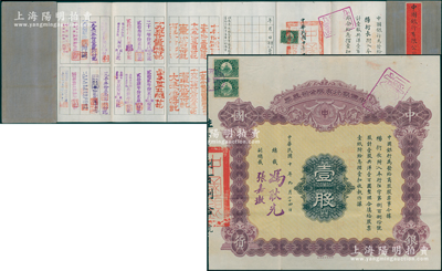 民国十年（1921年）中国银行有限公司（商股）股票，壹股共洋壹百圆，由总裁冯耿光、副总裁张嘉璈签名，背印章程摘要，记录“商股照每年七厘正息”等内容，内有水印，且附带原息摺（付息记录达40余年之久，截止至1965年）；此种中行商股股票存世罕见，八五成新，值得珍视和推重