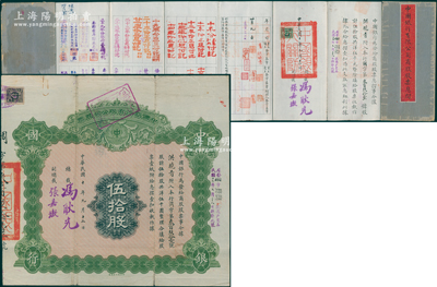 民国十年（1921年）中国银行有限公司（商股）股票，伍拾股共洋伍千圆，由总裁冯耿光、副总裁张嘉璈签名，背印章程摘要，记录“商股照每年七厘正息”等内容，内有水印，且附带原息摺（付息记录达40余年之久，截止至1965年）；此种中行大面额商股股票乃首度公诸于阳明，堪称中国金融业老股票之大珍品，值得珍视和推重，七五成新