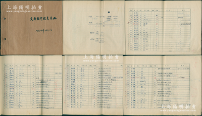 1956年《交通银行股东名册》1厚册，通本手写，分为两大部分，内中记录所有“未登记公股23户计9992股、私股318户计9305股”和“已登记公股2户计540686股、私股846户计40017股”，并详细列明各股东账号、姓名、股别、股票号码、股数等（已登记的股东亦记录有地址），其股东不乏大量近代名人，内容翔实无比，诚属研究交通银行股票史之“葵花宝典”；保存较佳，敬请预览和珍视