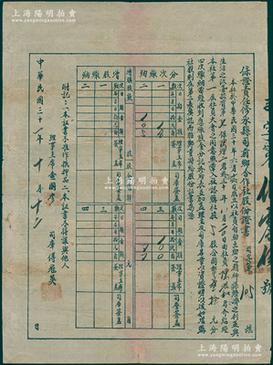 民国三十一年（1942年）保证责任修水县司前乡合作社股份证书，社股5股计国币叁拾元，属抗战时期江西“农村合作”制度之历史实证，少见，八成新