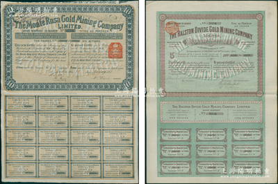清代金矿老股票2种，详分：1895年罗尔斯顿分水岭金矿公司股票，5股计5镑=125法郎；1898年蒙特罗莎金矿公司股票，10股计10镑；此二公司均属英法合资公司，在旧金山开採金矿，亦属“淘金”历史之重要见证；华侨藏家出品，少见，八成新