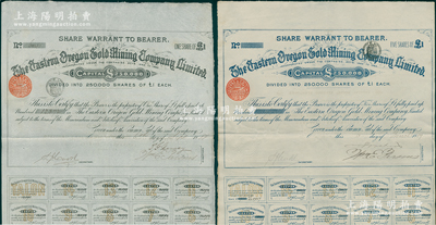 1889年俄勒冈东部金矿有限公司股票共2种，分别为1股和5股（每股1镑），内有水印；自1849年美国加州发现金矿后，迅速掀起淘金热，随后大量广东同胞前往旧金山淘金，到1851年时中国移民已多达2.5万人，并将淘金热一直席卷到旧金山北部的俄勒冈；该公司由英国人所组织，曾雇佣大量广东华侨开採金矿，是清代“淘金热”之历史见证；华侨藏家出品，罕见，八五成新