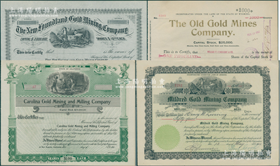 清代美国金矿老股票4种，详分：18xx年新芬兰金矿公司股票未填用，1903年老金矿公司1000股，190x年（加州）卡罗来纳金矿开采和选矿公司股票未填用，1911年米尔德雷德金矿公司股票54股，均属“淘金”历史之见证；华侨藏家出品，少见，其中1枚右下角有缺损，七至九成新
