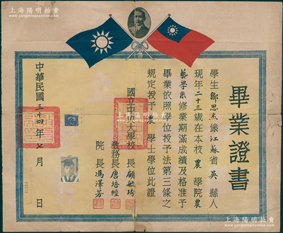 民国三十四年（1945年）“国立中央大学”毕业证书1张，发给江苏吴县籍学生邹思杰在本校农学院农艺系毕业并授予农学士学位，由校长顾毓琇等署名签发，罕见，七成新，值得珍视