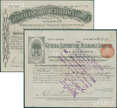 清代1876至1879年英商保众保险公司股票共2种不同，详分：第三版股票1股计5镑、第六版股票1股计5镑，均盖有皇家税章；此为英国早期著名之保险公司，至1909年在上海设立远东总公司，在华称“保众保险”；海外藏家出品，少见，八成新