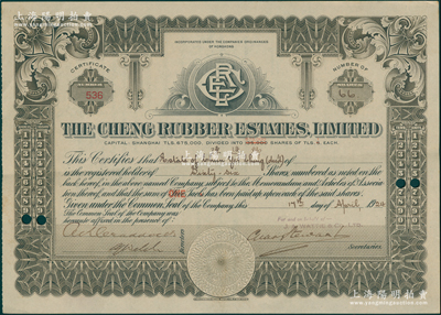 1924年陈氏橡胶地产公司股票，面额66股（每股上海银1两），其承购股东为陈逸卿（著名金融投机者，曾是清末1910年前后“橡皮股票风潮”中的罪魁祸首之一）；罕见且属首度公诸于阳明，八五成新