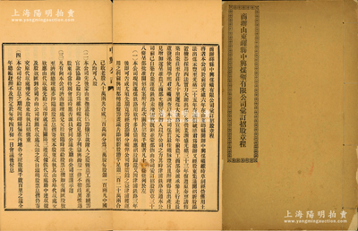 民国早期《商办山东峄县中兴煤矿有限公司彙订招股章程》1册，内印发起缘由、招股章程等详情，内容十分丰富；该公司成立于1878年，是中国第一家完全由国人自办的民族煤矿业，也是唯一一家由两任总统徐世昌、黎元洪任董事会长、两任总理周自齐、朱启钤任财务总监的企业；陈伟国先生藏品，罕见，保存尚佳，敬请预览和重视