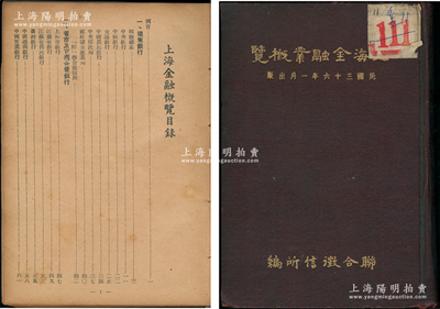 民国三十六年（1947年）联合征信所编《上海金融业概览》1册，32开精装本厚530余页，内中收录老上海200余家国家银行、省市及官商合营银行、商业银行、外商银行、钱庄、信托公司、保险公司、票据交换所、证券交易所等之简史、资本、负责人、地址、存款及盈余等，内容极为详尽，堪称研究老上海银行史之经典；陈伟国先生藏品，罕见，保存较佳，敬请预览