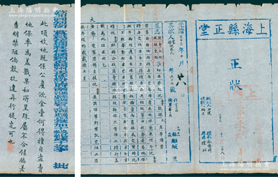 光绪三十三年（1907年）上海县正堂“正状”（即状纸）1份，事为“具状人寡妇沈蔡氏因前被沈金堂觊觎其产，盗卖公坟，求提究儆”等情，且有上海知县李（即李超琼，字紫璈）之墨批；此乃清末上海县官状纸，封面盖有正堂批准之“给代书梅瑞春戳记”（即状师，相当于律师），末端印有条例文字；少见且保存较佳，敬请预览