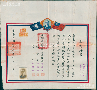 民国二十五年（1936年）“安徽省立安徽大学”毕业证书1份，特大型，发给江苏江都县学生丁兆山氏，证明其在本校“法学院经济学系毕业，授予法学士学位”，由校长李顺卿（著名植物学家）、教务长谢循初（心理学专家）、院长李顺卿签发；该校成立于1929年，首任校长刘文典，抗战时被迫内迁一度停办，1945年复校，迄今为安徽省最高学府；保存较佳，敬请预览
