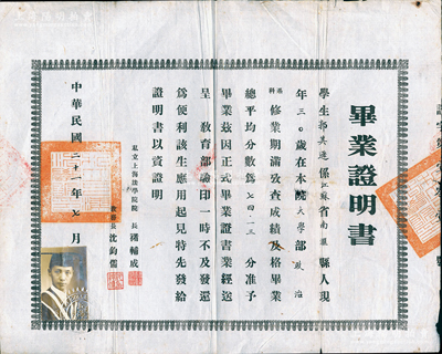 民国二十一年（1932年）“私立上海法学院”毕业证明书1份，发给本院大学部政治系学生郭其逊（后为上海律师公会会员，此次拍卖有其会员证），由院长褚辅成（九三学社发起人之一，中国著名社会活动家）、教务长沈钧儒（曾任中国民主同盟中央主席）签署；时因正式毕业证书业经送呈教育部验印，一时不及发还，为便利该生应用起见，特发给证明书；此种临时毕业证存世稀见，保存尚佳，敬请预览