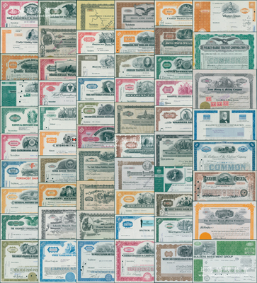 清代18xx年至1995年美国老股票藏品集一部4大册共500余种不同，内中涉及铁路、银行、航空、电力、石油、矿业、工业、制造、百货等诸多行业，且诸多均属世界500强等全球著名企业，其中包含45种八开大型债券，基本均雕刻版印刷，图案精美；海外名家出品，内中不乏稀少品种，能收集如此丰富者颇为难得，可适用于展览和馆藏，整体约八至九成新，敬请预览（注：因此项拍品品种繁多，难以细述，故特