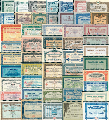清代1882至1977年法国及法属殖民地老股票藏品集一部共270种不同，大部分均发行於民国时期，内中涉及银行、电影、赌场、地产、电力、石油、矿业、工业、制造等诸多行业，有极个别为债券，基本均尺寸颇大，部分有水印，印刷精美，且不乏稀少品种；欧洲名家出品，整体品相极佳，约八至九成新不等，敬请预览和重视（注：因此项拍品品种繁多，难以细述，故特附有明细清单1份，内中包括法文和中文翻译名