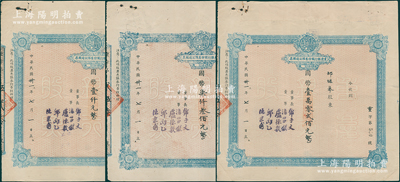 民国卅一年（1942年）重庆银行股份有限公司股票共3种，面额分别为国币壹仟元、柒仟叁佰元和壹万零贰佰元（每股伍拾元），由同一股东邵继皋（宜宾药材商）所承购，附带解放初期股权登记证及证明书，八成新