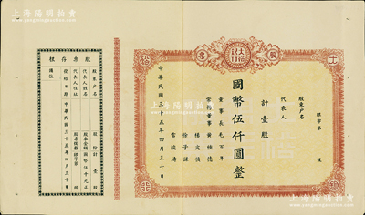 民国三十五年（1946年）大裕银行股票，壹股计国币伍仟圆，未填用附存根；四川省（今属重庆市）银行老股票，少见，八五成新
