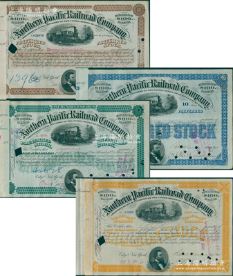 清代1881至1893年美国北太平洋铁路公司股票共4种全套，详分：1881年棕色优先股62股、1884年蓝色优先股定额10股、1887年绿色优先股定额100股、1893年桔色普通股定额100股（每股100美元），均上印火车图及“铁路大王”利兰·斯坦福头像（斯坦福大学创建者），附贴存根；此乃美国第一条北部横贯大陆的铁路，自1864年起由大量中国广东华工开始修建（华工超过八成，包括