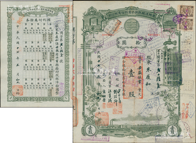 民国十七年（1928年）商办汉镇既济水电股份有限公司股票，灰绿色壹股计国币拾圆，票上由总副经理龚云青、刘绍仰、主席董事汪书城（曾湖北省政府委员兼民政厅长）、监察人宋祖荣签名，上贴武汉国民政府工农兵学商壹分税票2枚；该公司为中国近代著名之民族企业，此种图案股票之第一版签名券，且附带“权利附属证券”1张，八成新