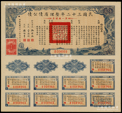 民国三十二年整理省债公债·第一类债票佰圆，由财政部长孔祥熙、次长俞鸿钧、顾翊群署名，附带完整息票，少见，九成新