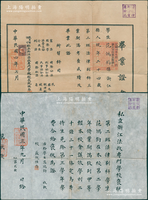 民国四年（1915年）教育部认可“私立浙江法政专门学校”毕业证书1份，发给浙江鄞县籍学生范鸿钧，由校长阮性存（近代法学家）署名签发，此证书为“利字第1号”，且经“浙江巡按使公署验讫”，弥足珍贵；另附范鸿钧氏1914年“私立浙江法政专门学校褒状（第2号）”1份，与之配套，且两者均盖有“请领律师证书查验讫”戳；罕见，保存甚佳，敬请预览和珍视