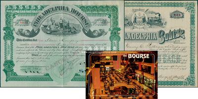 清代至民国费城交易所股票2种，详分：1892年4股、1936年16股（每股50美元），两者图案不同，形制美观，其中1枚附贴有存根；该交易所成立于1790年，是美国最古老的股票交易所之一，至2007年被纳斯达克所收购；海外藏家出品，其中1892年版存世罕见，八成新（另附送：费城交易所早期场景明信片1枚，以供印证！）
