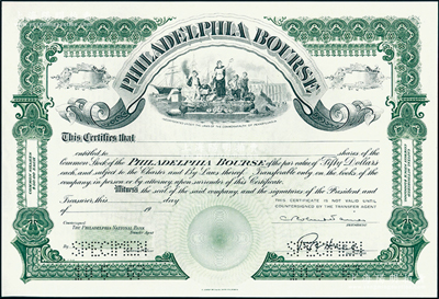 1967年费城交易所股票样本，票上资本为100万美元（每股50美元），版式与上不同，由美国印钞厂雕刻版印制；该交易所成立于1790年，是美国最古老的股票交易所之一，至2007年被纳斯达克所收购；海外藏家出品，少见，全新