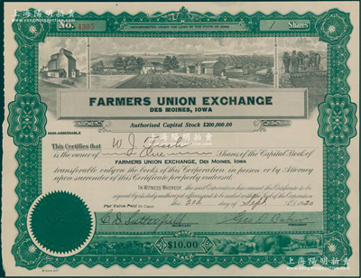 1920年爱荷华州得梅因农民联盟交易所股票，1股计10美元，上印乡村房屋、农场和马犁地图等，形制美观；爱荷华州属美国第二农业州，1920年该州首府得梅因成立农民联盟交易所，旨在通过集体力量提高议价能力；海外藏家出品，罕见，八五成新