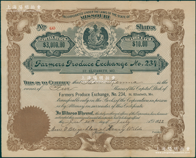 1922年（美国密苏里州）农产交易所股票，面额5股（每股10美元），上印双熊标志，背印开国总统华盛顿像；该州是美国最重要的农业生产州；海外藏家出品，少见，八五成新