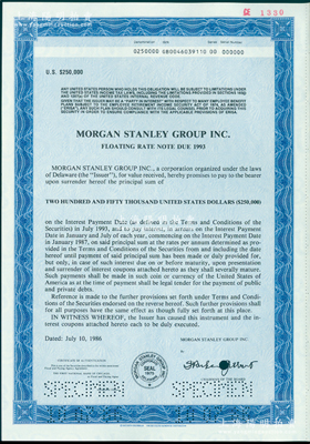 1986年摩根士丹利集团公司25万美元浮动利率债券样本，至1993年到期，由美国印钞厂雕刻版印制，花纹手感强烈；该公司乃全球最大证券公司、最著名的国际性金融服务公司，业务范围涵盖投资银行、证券、投资管理以及财富管理等，2025年位居世界500强第93名；美国藏家出品，罕见，九五成新