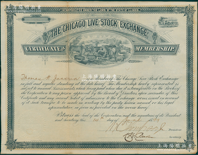 清代1899年（美国）芝加哥股票交易所“席位证书”，属该所第二版发行（黑边黄底色，与上次所拍者略有不同）；此种交易所席位证书存世极为罕见，一张证书只能代表一个交易商席位，其意义比股票更胜一筹；海外藏家出品，七五成新