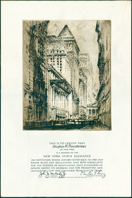 早期“纽约证券交易所”颁发之“会员执照”1张，发给个人会员Stephen H. Floersheimer（瑞士犹太裔投资银行家斯蒂芬H.弗洛斯海默，以创立纽约弗洛尔斯海默宪法民主中心而著称），超大尺寸355×530mm，原属办公室悬挂之用，其上纽约证券交易所大厦图由著名版画家?Joseph Pennell?（约瑟夫·彭内尔1857-1926年）雕刻于1923年，下边有该所成立于