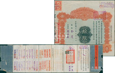 民国十一年（1922年）中国银行有限公司（商股）股票，拾股共洋壹千圆，由总裁金还、副总裁张嘉璈签名，背印章程摘要，记录“商股照每年七厘正息”等内容，内有水印，且附带原息摺（付息记录达40余年之久，截止至1965年）；此种中行商股股票存世少见，八成新，值得预览和重视