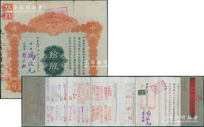 民国十年（1921年）中国银行有限公司（商股）股票，拾股共洋壹千圆，由总裁冯耿光、副总裁张嘉璈签名，背印章程摘要，且记录“商股照每年七厘正息”等内容，内有水印，且附带原息摺；此种中国银行商股股票未见图谱记载，罕见，七五成新，敬请预览和重视