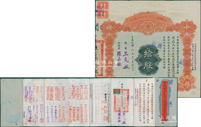 民国六年（1917年）中国银行有限公司（商股）股票，拾股共洋壹千圆，由总裁王克敏、副总裁张嘉璈签名，其承购股东为黄庆元乃清末民初厦门著名实业家、厦门商会会长，背印章程摘要，且记录“商股照每年七厘正息”等内容；此种中国银行商股股票未见图谱记载，堪称中国金融业老股票之稀见品，八成新，敬请预览和重视