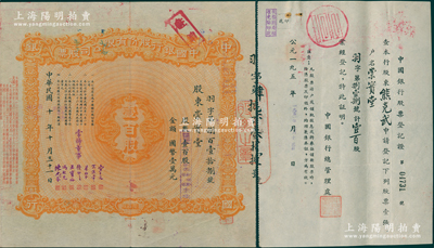 【名人股票】民国十年（1921年）中国银行股份有限公司股票，壹百股计国币壹万元，其承购股东崇实堂即四川同盟会元老熊克武（附带股东登记表中有其真实姓名），由常务董事宋子文、宋汉章、叶琢堂、钱新之、王宝崘、冯耿光、陈光甫7人签名，背面兑付股息至1965年，少见，八成新