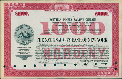 1927年美国花旗银行黄金债券定额1000美元，年息5%，票上印有花旗银行标志；海外藏家出品，少见，八成新