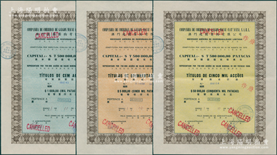 1976年澳门逸园赛狗有限公司股票共3种，详分：壹佰股计葡币壹仟元、伍佰股计葡币伍仟元（号码为第8号）、伍仟股计葡币伍万元；此乃目前亚洲唯一合法经营之赛狗场所，由民国之上海逸园运动场演变而来，几经变革，成为“赌王”何鸿燊旗下博彩产业之一；香港藏家出品，其中伍佰股存世稀见，近九成新